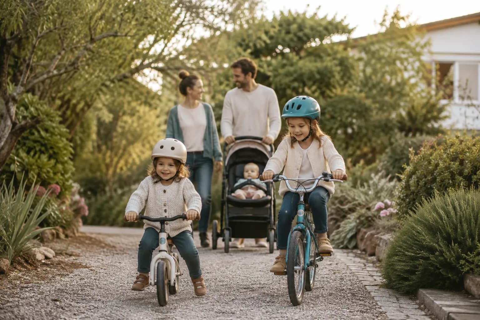 Familie draußen unterwegs, Kinder auf Fahrrädern im Abendlicht