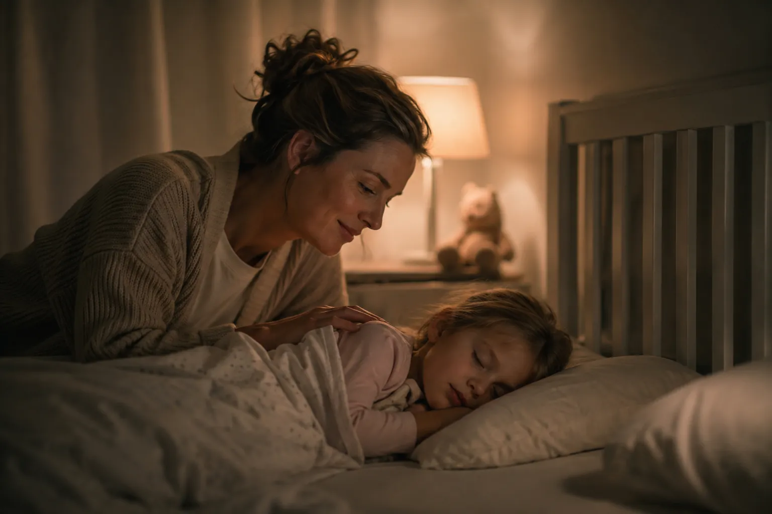 Mutter am Bett ihres schlafenden Kindes im warmen Nachtlicht